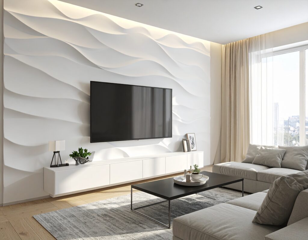 mur TV tendance 2026 tasseaux bois habillage mural salon cosy