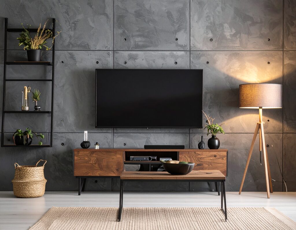 mur TV tendance 2026 tasseaux bois habillage mural salon cosy