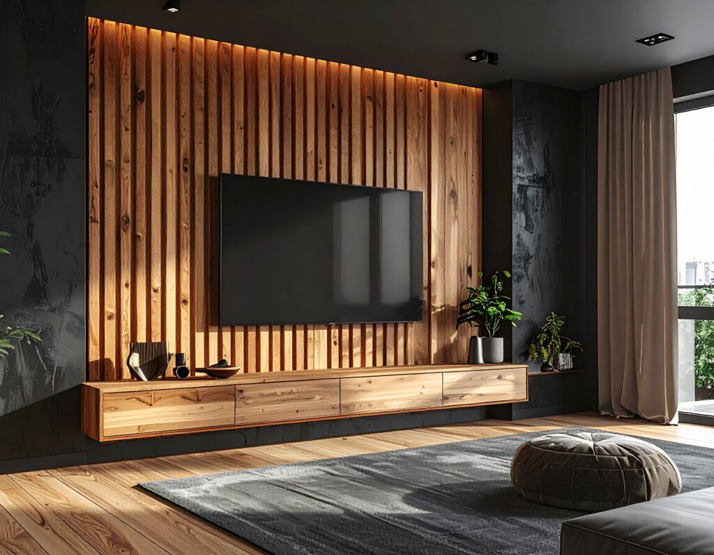 mur TV tendance 2026 tasseaux bois habillage mural salon cosy