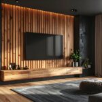 mur TV tendance 2026 tasseaux bois habillage mural salon cosy