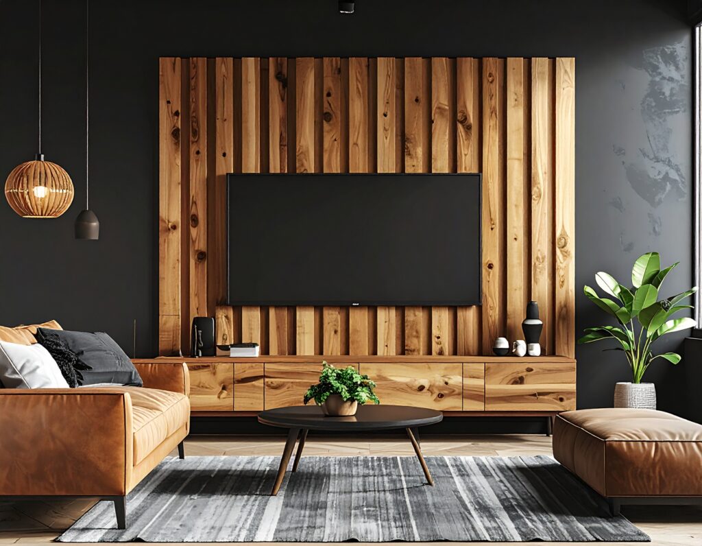 mur TV tendance 2026 tasseaux bois habillage mural salon cosy