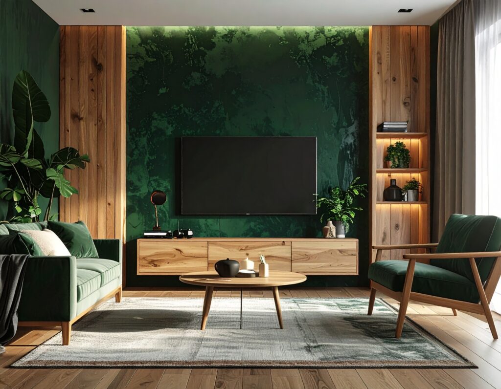 mur TV tendance 2026 tasseaux bois habillage mural salon cosy