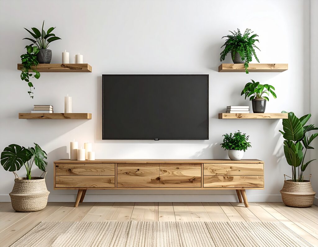 mur TV tendance 2026 tasseaux bois habillage mural salon cosy